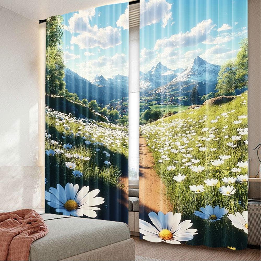 

Set Of 2 Sunny Spring Day Curtains Fashion Meadow Full Flowers Aesthetic Art Suitable Living Curtain Polyester W100*H70(CM)-Rod Pocket&2PCS