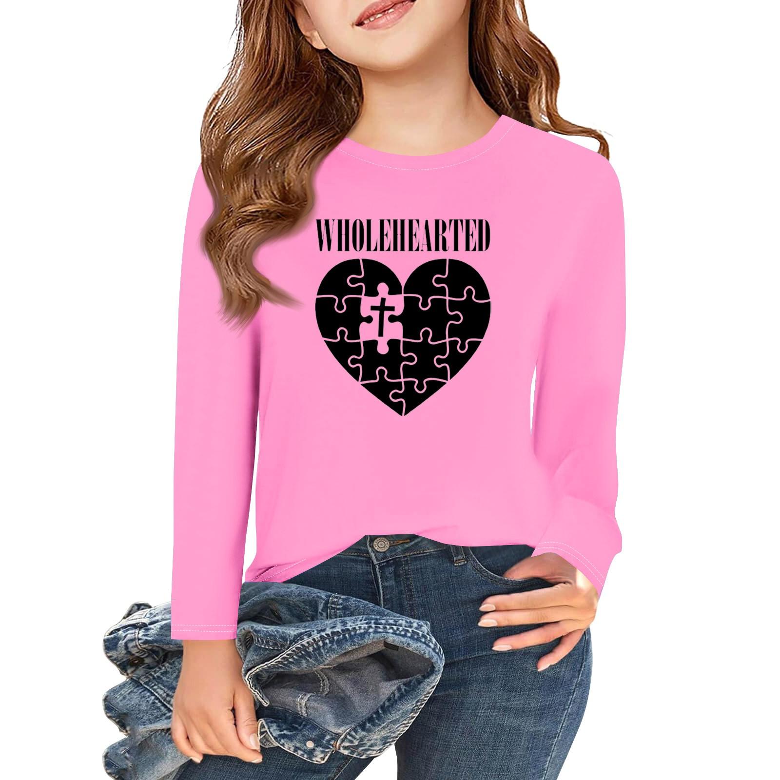 

Футболки с длинным рукавом для девочек Love ко Дню святого Валентина, детские осенние топы с круглым вырезом, базовые футболки для детей 5-14 лет 130 розовый