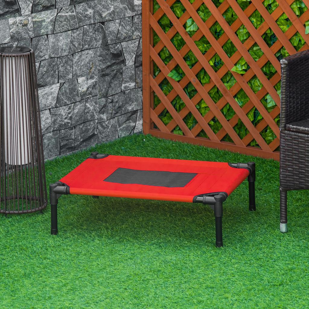 Raised Dog Bed Cat Elevated Lifted Portable Camping w/ Metal Frame Black and Red (Small)