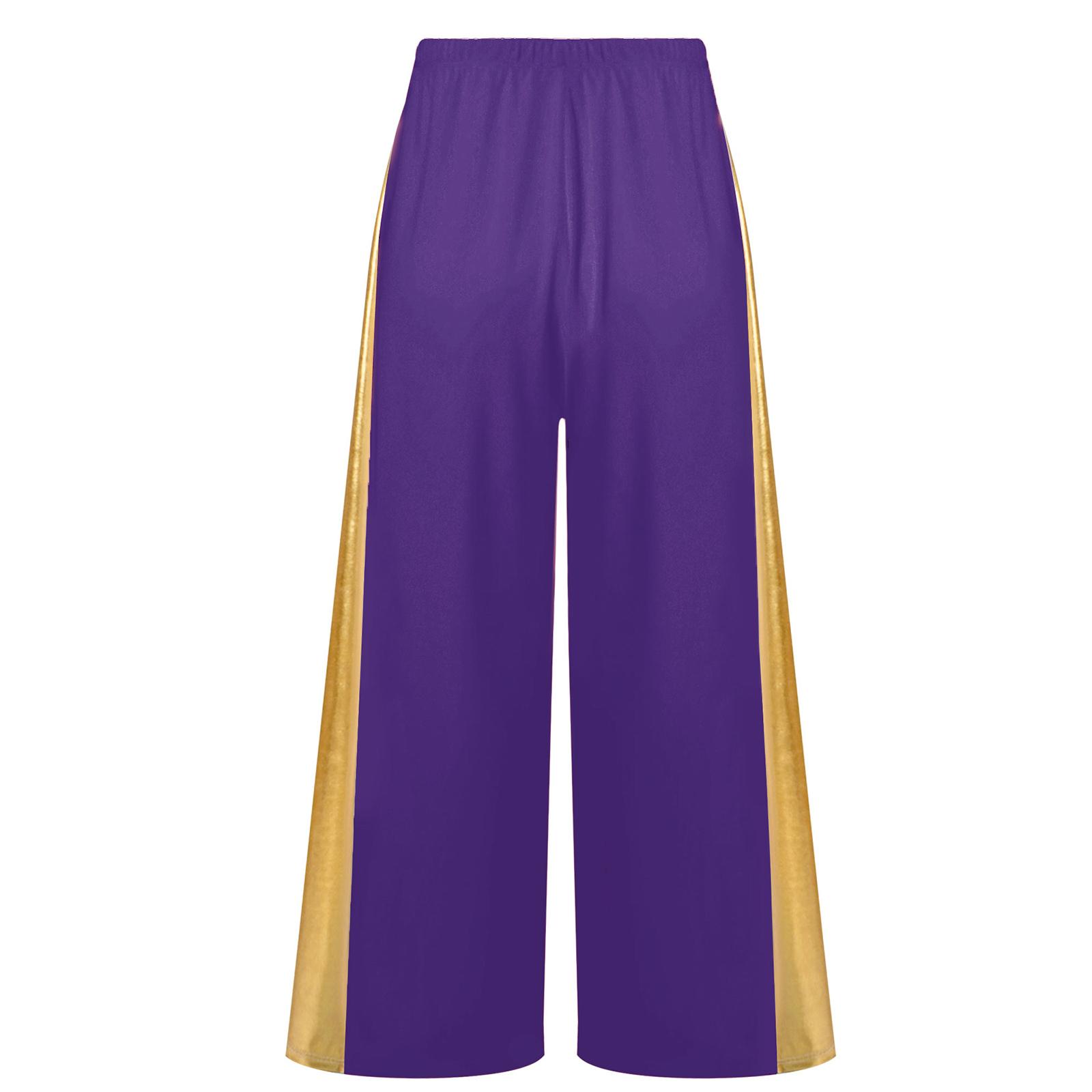 

Girls Liturgical Dance Pants Metallic Patchwork High Waist Elastic Band Wide Leg Loose Trousers 5-6 Years фіолетовий