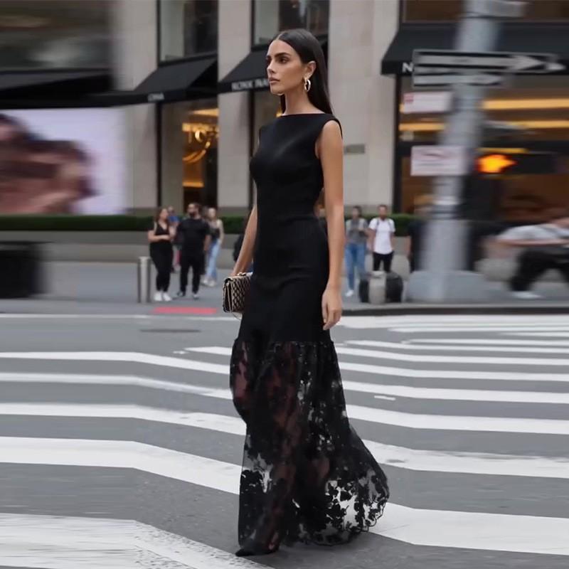 Elegant Black Lace-Trimmed Sleeveless Midi Dress Women 2026 Stylish Formal Occasion Wear XS чёрный
