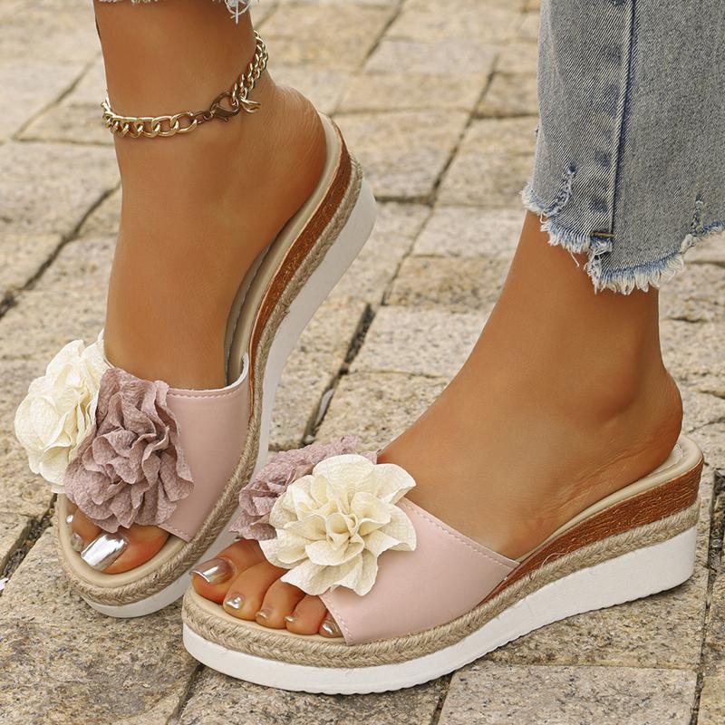 Fashion Shoes Cswo01 Women's Pink Flower Decor Platform Sandals Summer Thick Sole Wedge Slippers Woman 43 Jute Espadrille Beach Shoes Cm