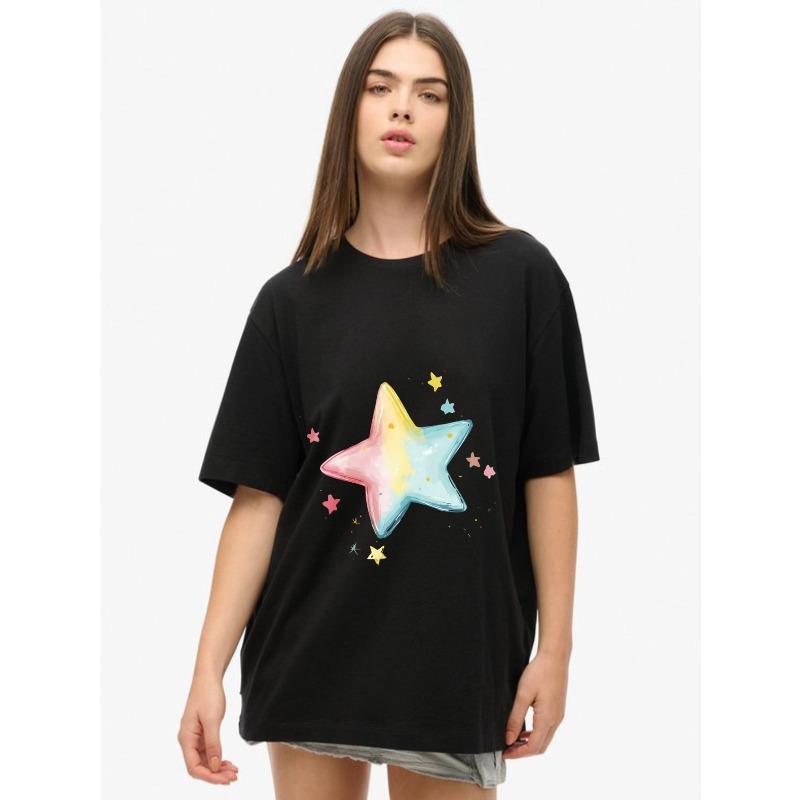 Oversize Women's Short-Sleeve T-Shirt with Pink-Yellow-Blue Gradient Star and Colorful Little Stars Print