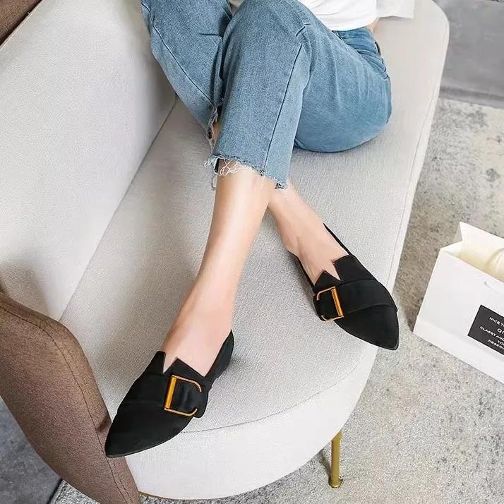 Women's Pointed-Toe Flat Suede Shoes - Soft Leather Pea Shoes for Spring and Autumn