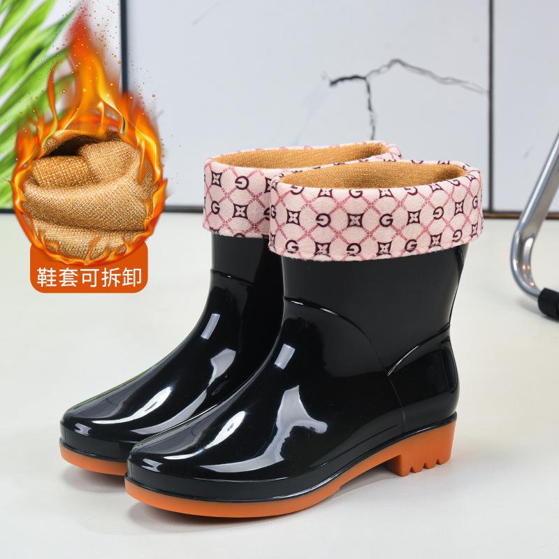New medium tube rain shoes fashionable women's rain boots velvet warm water shoes waterproof and non-slip beef tendon sole rubber shoes