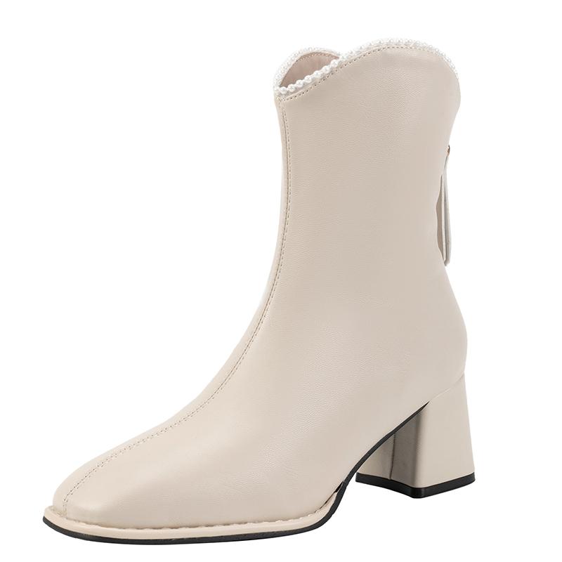 

Модные ботильоны с квадратным носком и блочным каблуком, зимние новые, с бисером, на задней молнии, противоскользящие, износостойкие, на высоком каблуке 35