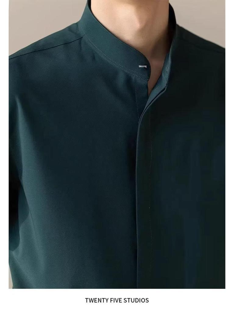 2024 Men's Ink Green Stand Collar Loose Fit Mid-Sleeve Shirt