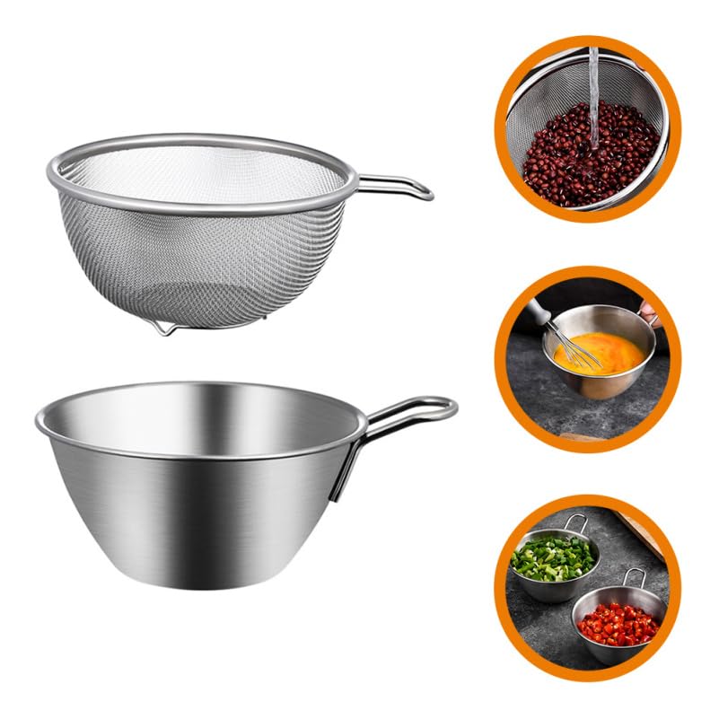 OUNONA Stainless Steel Colander and Bowl Set with Handles, Deep, Egg Beater, Cream Whisk, Salad Mixer, Rinse Rice, Strainer, Basket for Fruits and