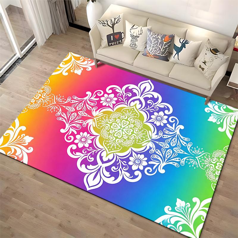 Rainbow Gradient Carpet with White Floral Mandala Pattern Design Suitable for use as an anti-slip for living room bedroom sofas