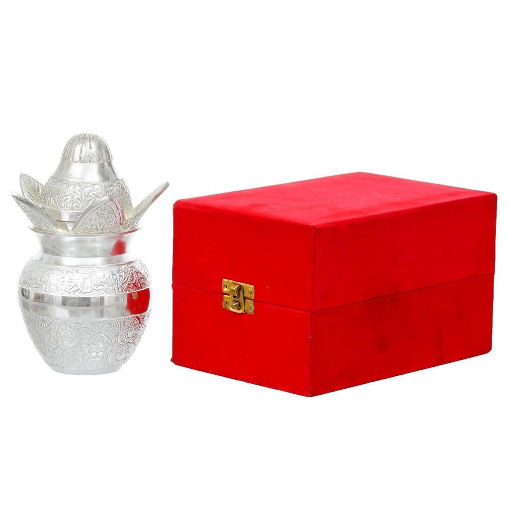 Webelkart Premium Plated Pooja Kalash with Coconut for Pooja Decor with Red Velvet Box/Swastik Kalash