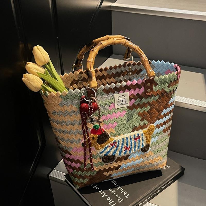 Vintage Striped Dachshund Handwoven Vegetable Basket Handbag Women's Large Capacity Commuter Bag Handheld Bucket Bag