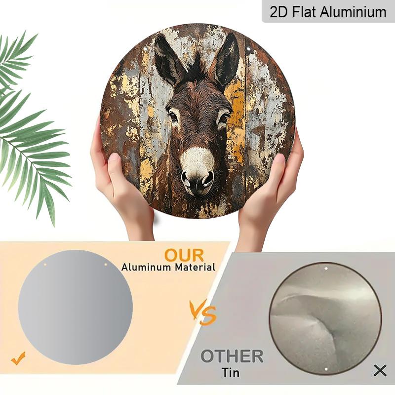 2D Flat, 1pc Round Aluminum Donkey Portrait Vintage Metal Sign, Retro Farm Animal Art Print with Distressed Rustic Finish - Vintage Wooden Background
