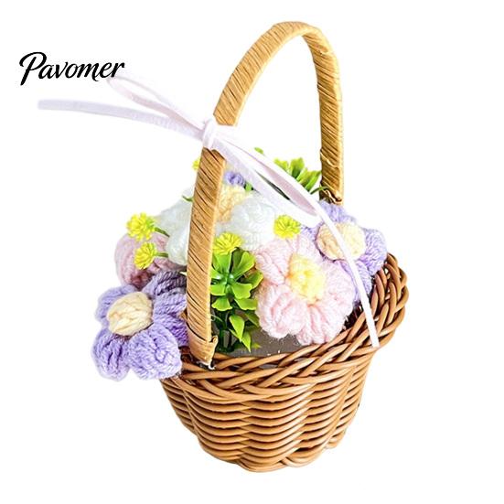 Mini Woven Basket with Flowers Hand Knitted Wool Flower Basket, Decorative Crocheted Floral Exquisite Desktop Ornaments Ribbon, Plant Ornament