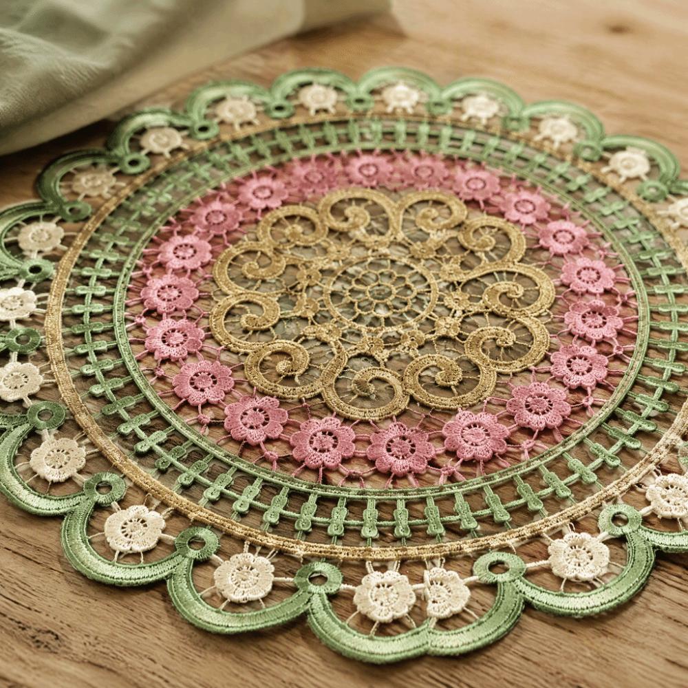 Vintage Embroidery Lace Doily Placemat Mandala Colorful Lace Coaster Table Cloth Round Hollow Table Cup Mat for Kitchen Table