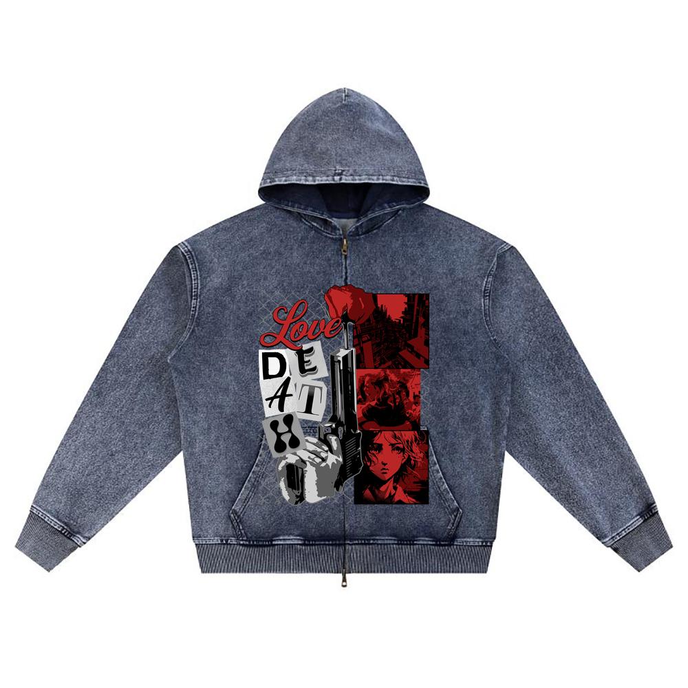 

DTG print Knitted Denim Zip-Up Hoodie Love Death Brother Print Zipper Hoodies XL темно-синий