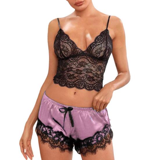 Women Pajama Set Lace Pajama Top Satin Shorts with Black Silk Bow And Lace Trim Sexy Lace Camisole Set for Women Home Sleepwear Gift