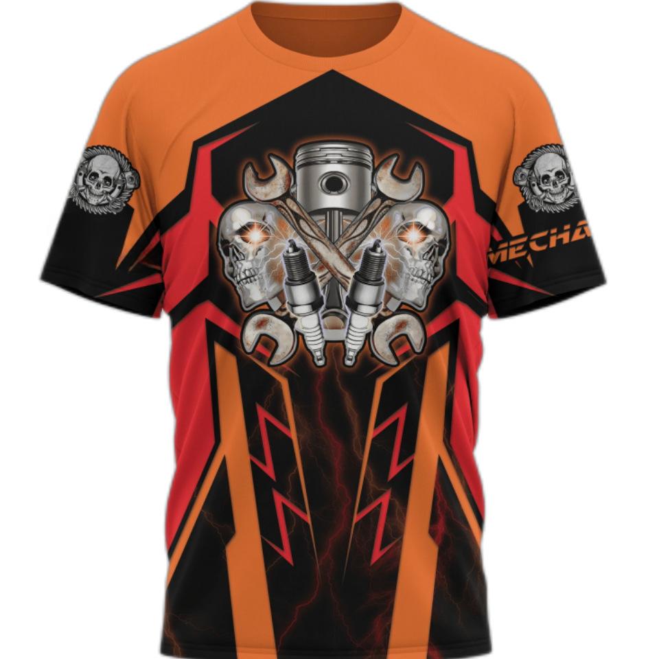 Mechanic 3D Printed Short Sleeved T-shirt Summer Breathable Polyester Simple Round Neck Top