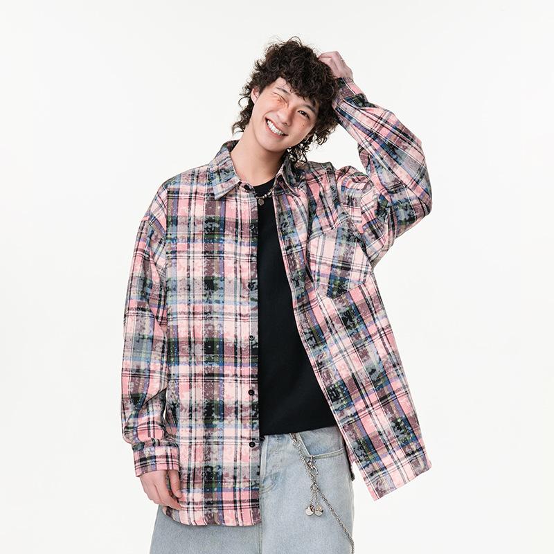 New Japanese Mid-length Shirt for Spring for Men's Fashion Trend Casual Plaid Shirt