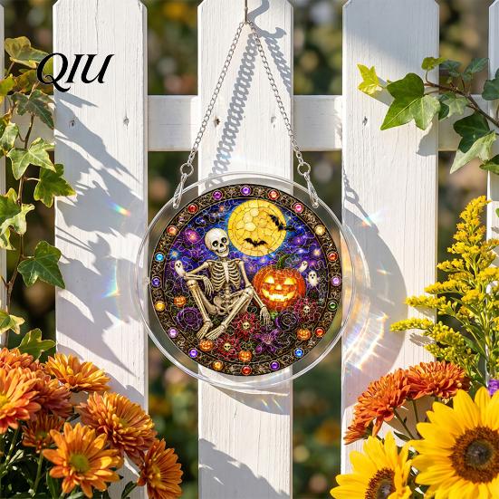 Acrylic Suncatcher Jigsaw Puzzle Suncatcher, Stained Glass Style Halloween Skeleton Ghost Relaxing Gift Sun Catcher for Gothic Window Wall Hanging