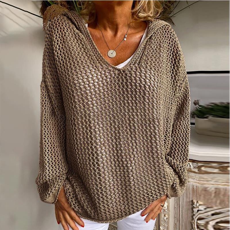 Yellow Loose V Neck Hooded Mesh Knit Top