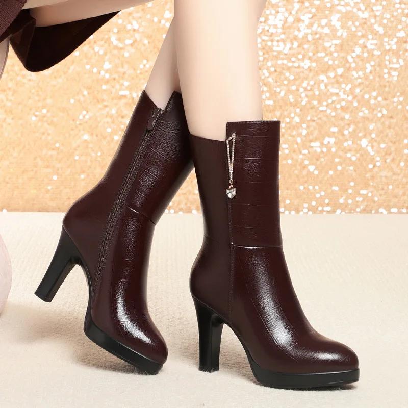 7cm 9cm Fashion Comfortable Soft Leather Boots Platform Shoes Winter  Mid Calf Block High Heels Fur Plush Boots Office Mom