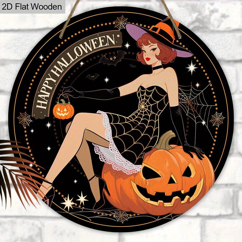 Wooden Happy Halloween Sign with Witch & Pumpkin Pattern - Unique Figurine Ornaments - Ideal for Front Door, Yard, Porch, Room Decor