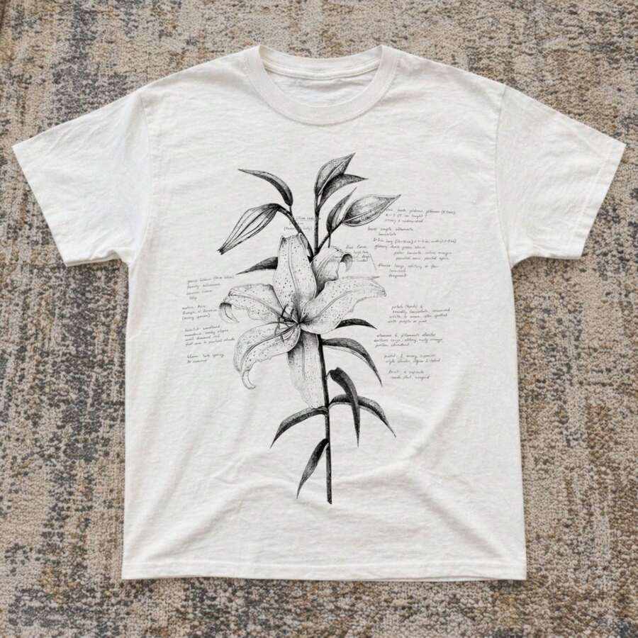 Unisex Casual Crew Neck T‑Shirt Retro Science Botanical Short Sleeve Top Vintage Lily Sketch Hand‑Drawn Flower Art Print Boho Daily Street Tees