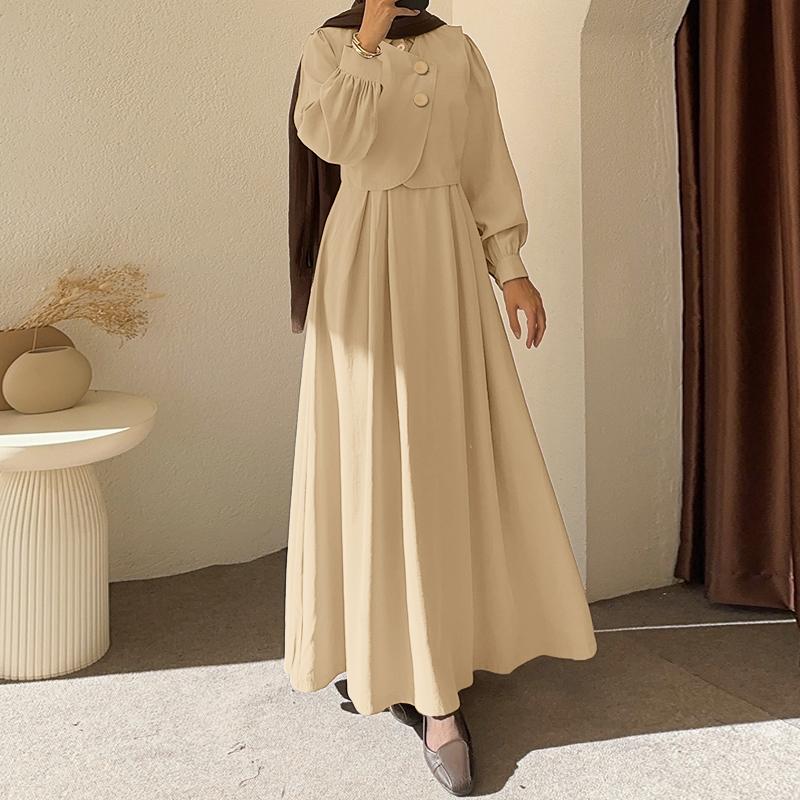 ZANZEA Women Casual Turn Down Collar Solid Color Long Sleeve Muslim Dress S хаки
