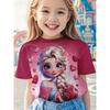 Disney Prinzessin Elsa Mädchen Süßes 3D-gedrucktes Kurzarm-T-Shirt - Rosa Herz und Rosenmuster, Lässiges Sommer-Oberteil