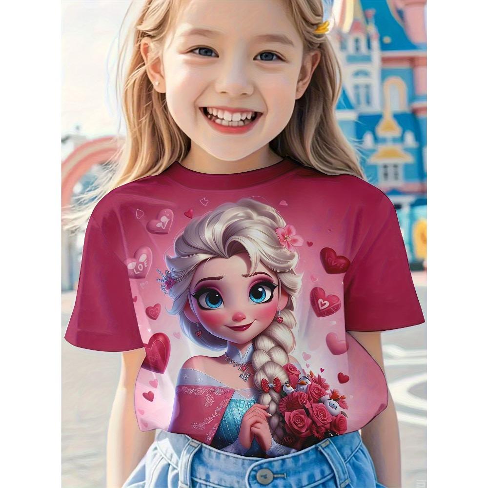 Disney Prinzessin Elsa Mädchen Süßes 3D-gedrucktes Kurzarm-T-Shirt - Rosa Herz und Rosenmuster, Lässiges Sommer-Oberteil