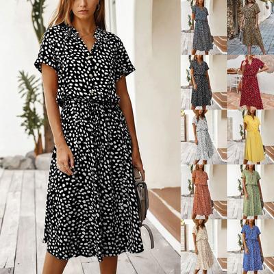 Kleider für Damen, Tunika, tailliertes Midi-Kleid, Sommer, lässiges Kurzarmkleid mit Polka-Dots-Druck