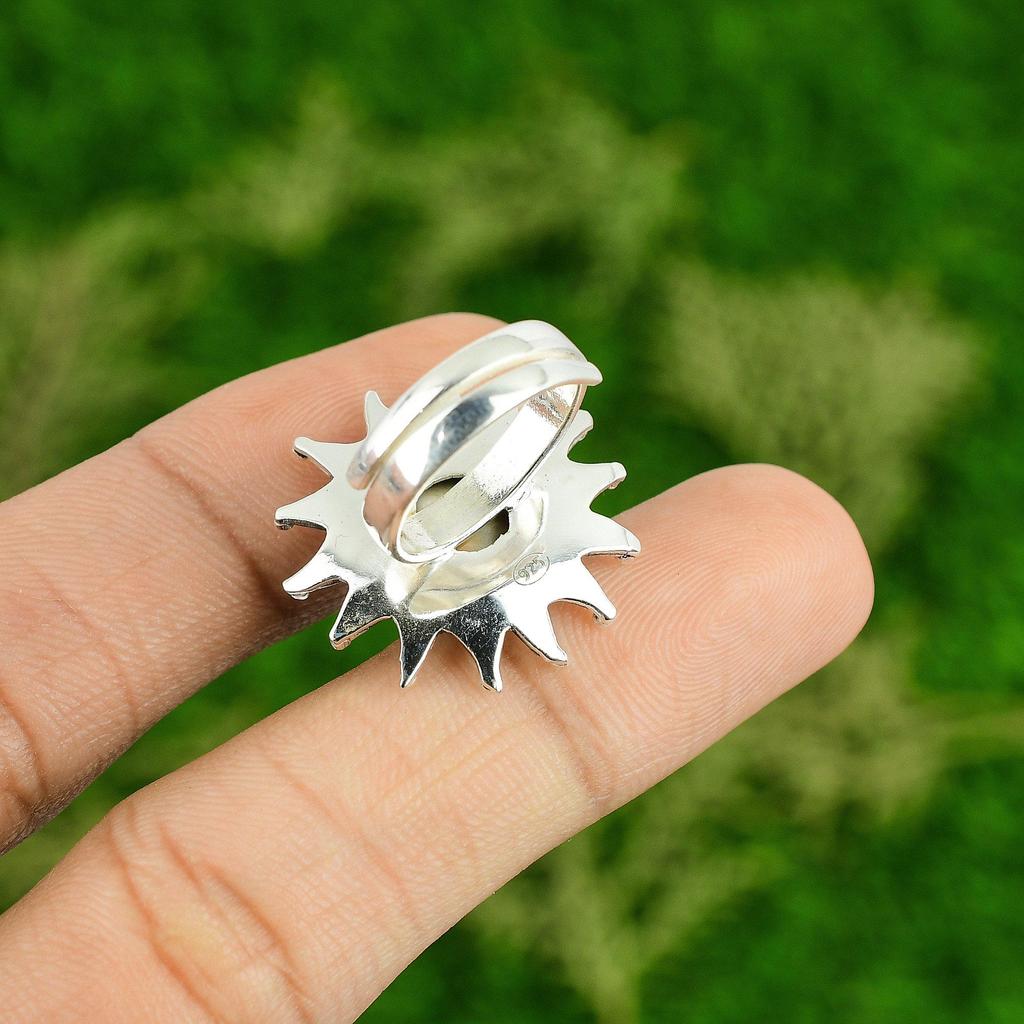 Natural Shiva Eye Shell Gemstone Promise Flower White Adjustable Ring 925 Silver