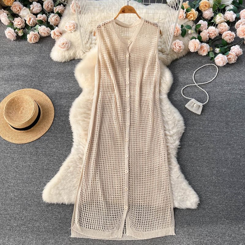 

Spring and Summer Retro Japanese V-neck Single Breasted Dress Apricot All yards