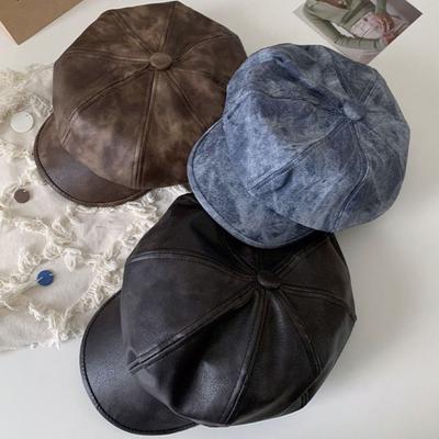 British Style Women's Beret Casual Artist Cap Retro Pu Leather Beret Women