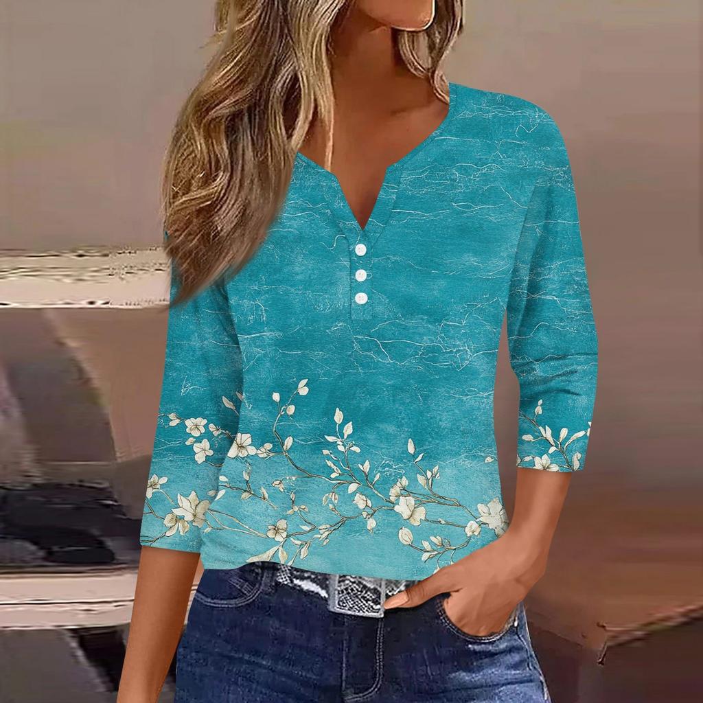 Women's T Shirt Tee Print Button 3/4 Sleeve Daily Weekend Fashion Basic V- Neck Regular Top