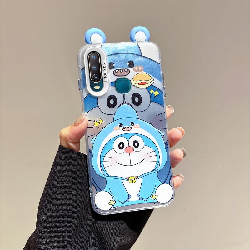KEYSION Cute Ear Cartoon Case for VIVO Y17 Y15 Y12 with Lanyard Soft Silicone+PC Shockproof Phone Back Cover for VIVO Y11 2019