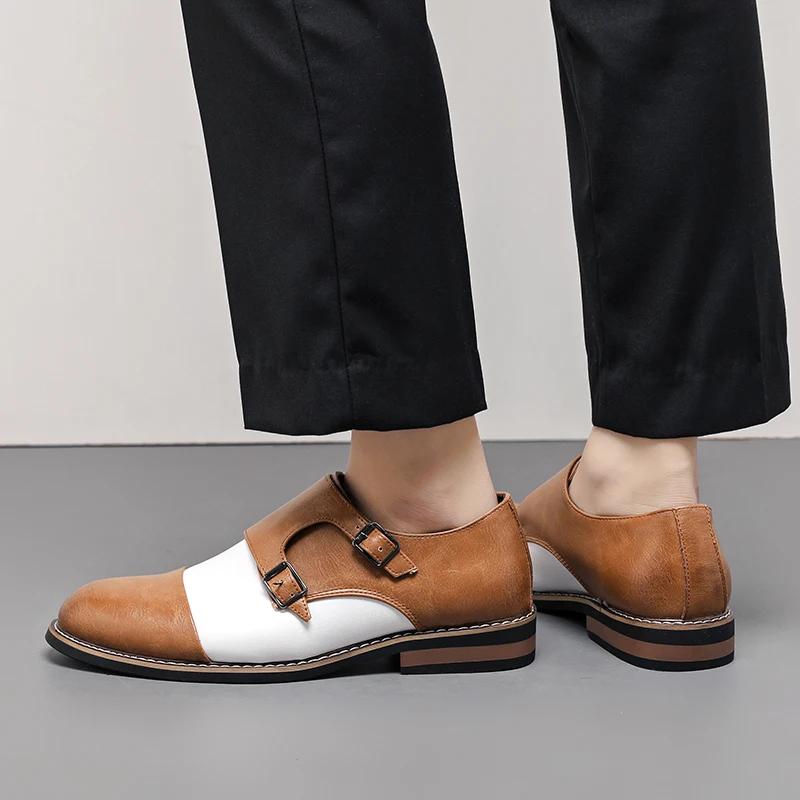 Fashion Premium 2025 Men's Big Size 38-48 Two Strap Buckle Shoes Color Contrast Leather Business Casual Comfortable Lace-Up Formal Shoes