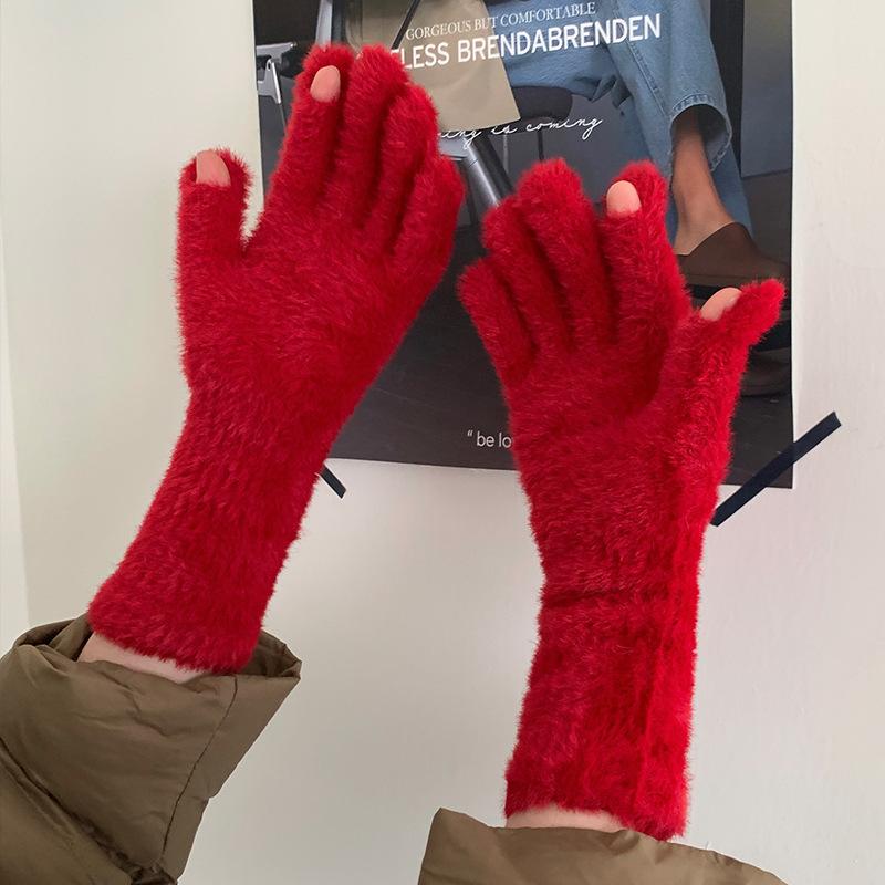 Travel gloves women autumn and winter gentle college wind solid color knitted fingers warm and cold cycling older children spring