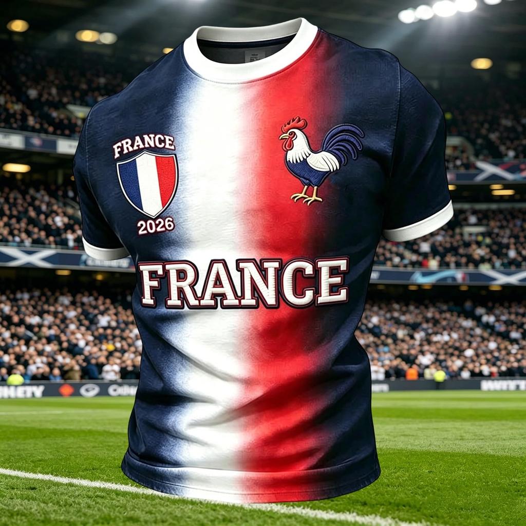 Men's Casual Crew Neck Short Sleeve Pullover T-Shirt Football Fan Jersey World Cup Supporter Top France Design