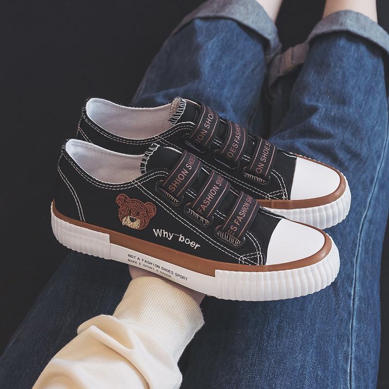 Canvas Shoes Women's New Summer Student Versatile Elastic Band Embroidered Bear Board Shoes One Pedal Lazy Shoes Women