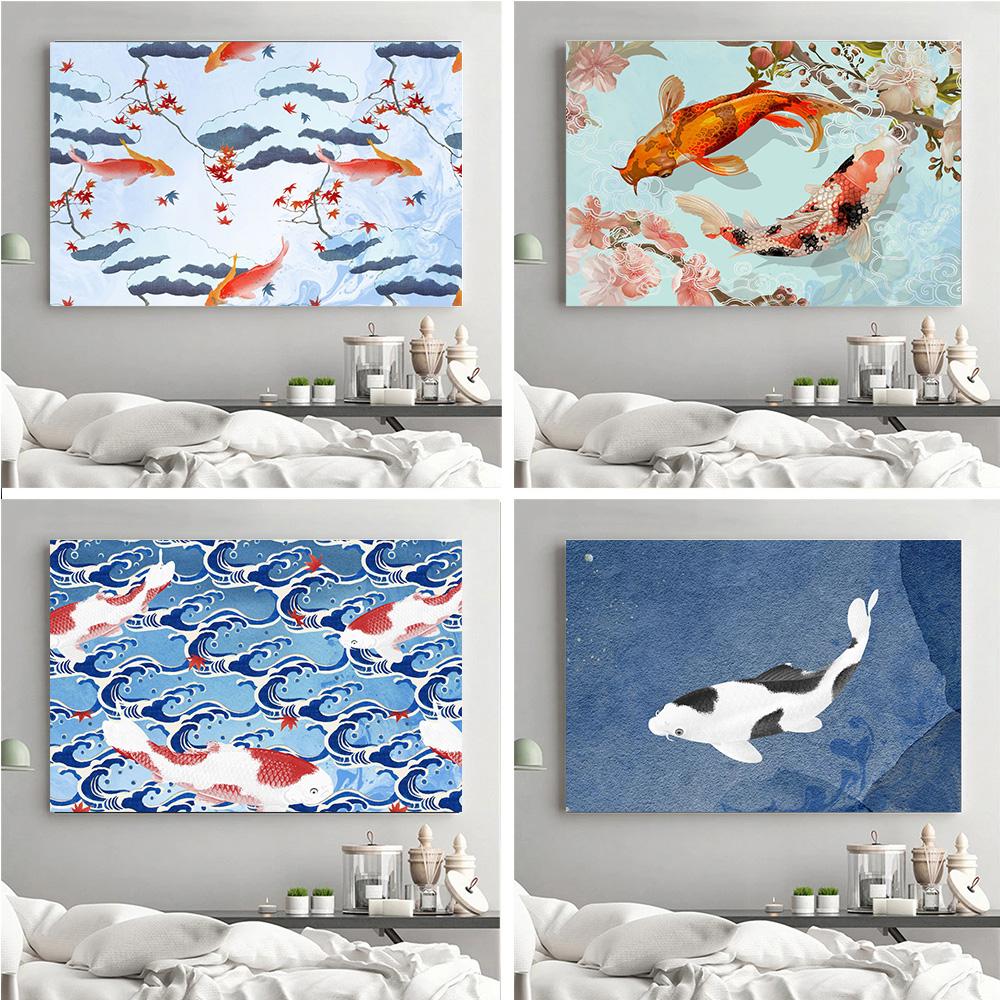Kina Koi Cyan Gyotaku Välsignelse Tryck Affisch Kanvasmålning Modern Väggkonst Bilder För Vardagsrum Sovrum Heminredning