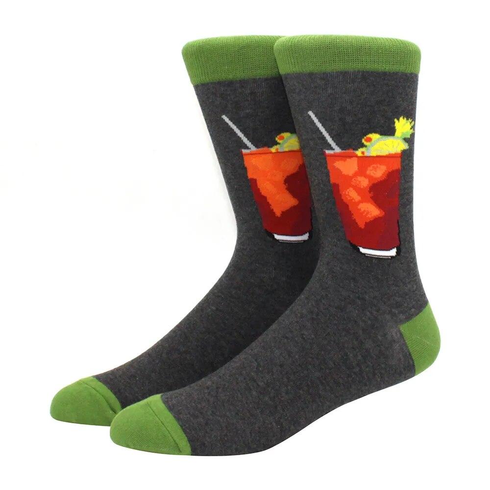 1 Pair Men's Fun Hip Hop Skateboard Beer Happy Art Print Mid Socks, EU38-46