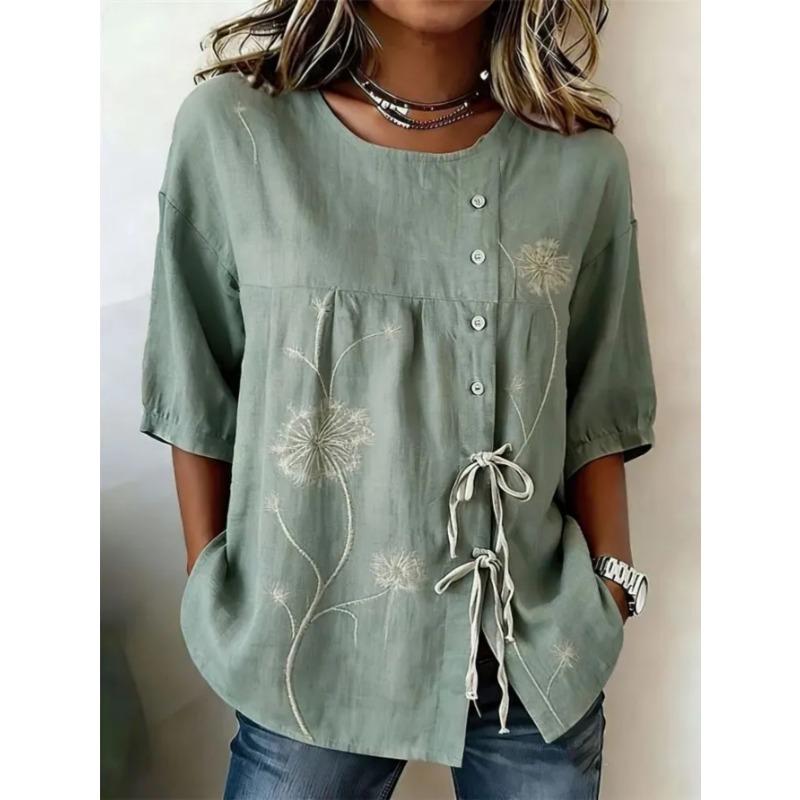 Women's printed lace-up short-sleeved blouse, fashionable and versatile, comfortable and skin-friendly, machine washable.