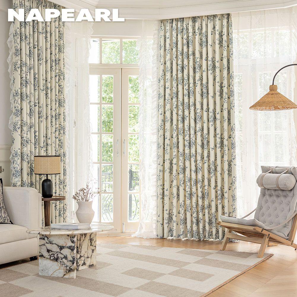 1PC NAPEARL 70-80% Blackout Degree European Retro Printed Ruffle Edge Blackout Curtain for Bedroom Living Room Home Decor