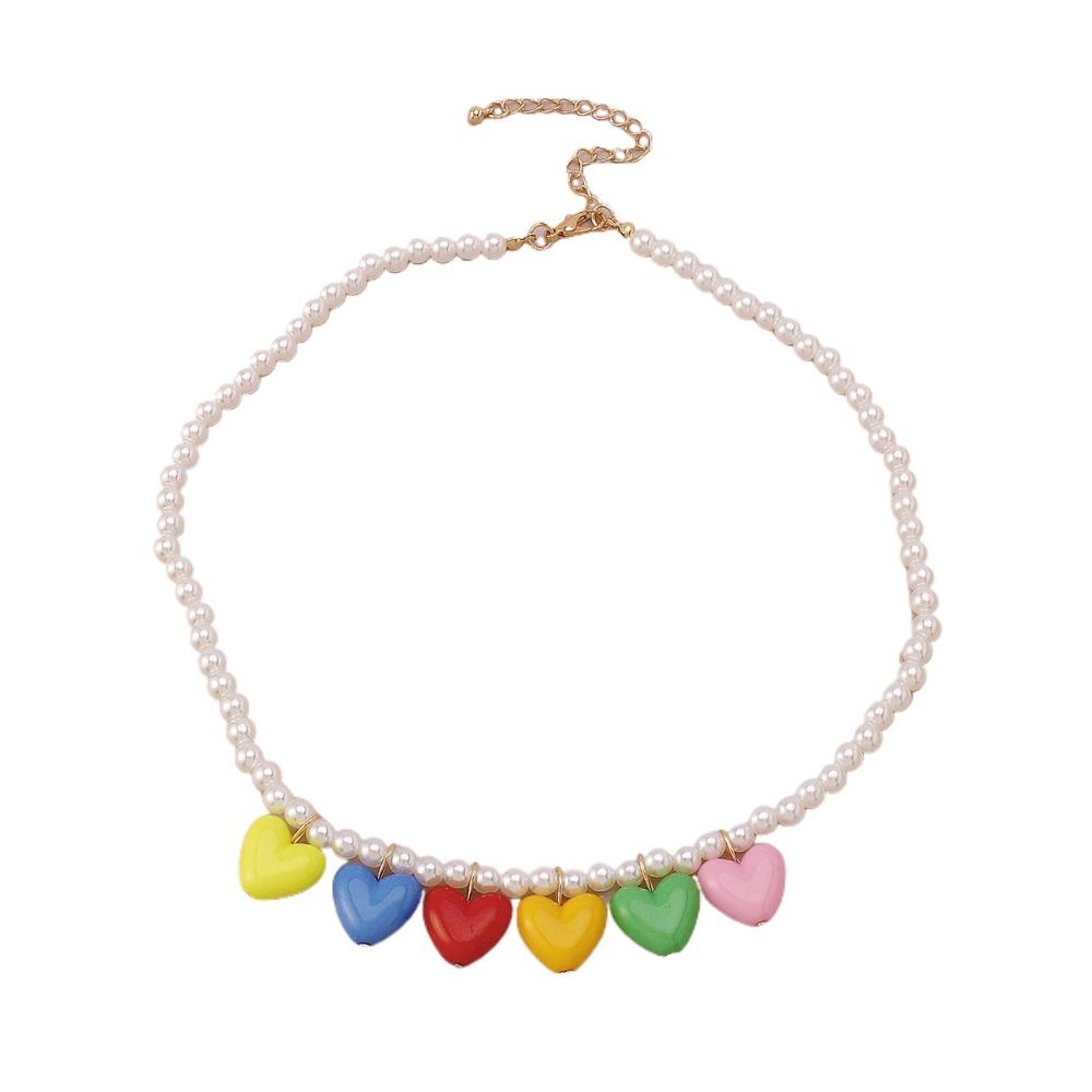 

Colorful Love Beaded Necklace Charm Pearl Collarbone Chain Elegant Rainbow Necklace Party Love