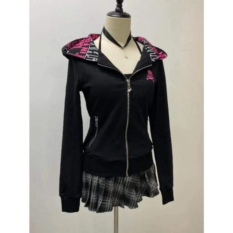 2KWEIRD Y2k Punk Hoodies Damen Vintage Ästhetik Grunge Reißverschluss Sweatshirt Streetwear Slim Tops Weibliche Gothic Jacken
