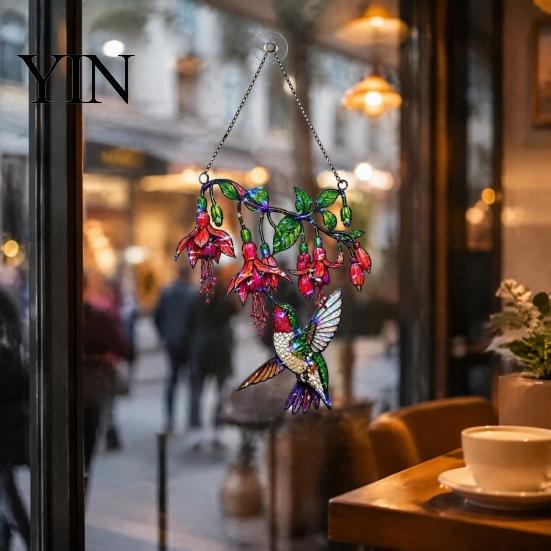 Durable Waterproof Wall Art Hummingbird Window Hanging Pendant, Acrylic Stained Glass Style Suncatcher for Home Transparent Craft Garden Balcony