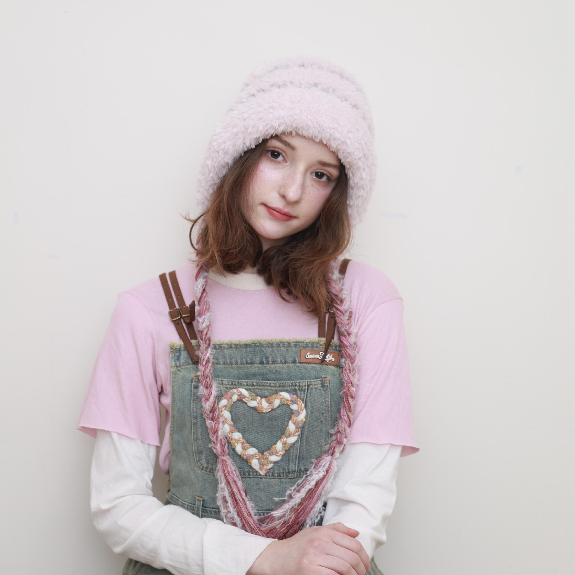 Dopamine contrasting wool knitted hat autumn and winter warm cute plush hat twist braid ear hat розовый