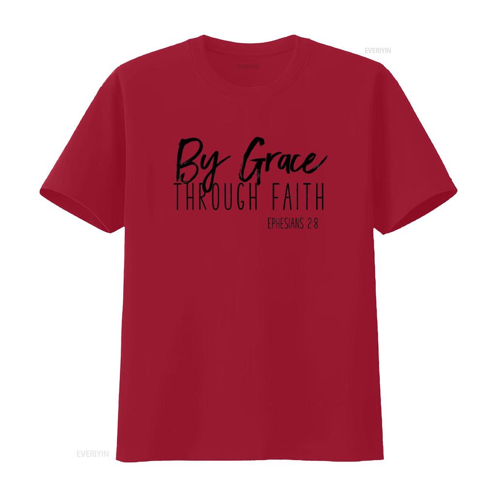 Womens By Grace Through Faith Uplifting Bible Verse T Shirt Black Vintage Washed Homme Unisex Streetwear Graphic Stretched Soft