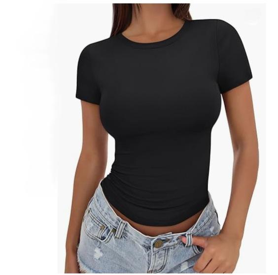 Europe beautiful woman tight spice navel short t-shirt summer slim crew neck short sleeve women's top